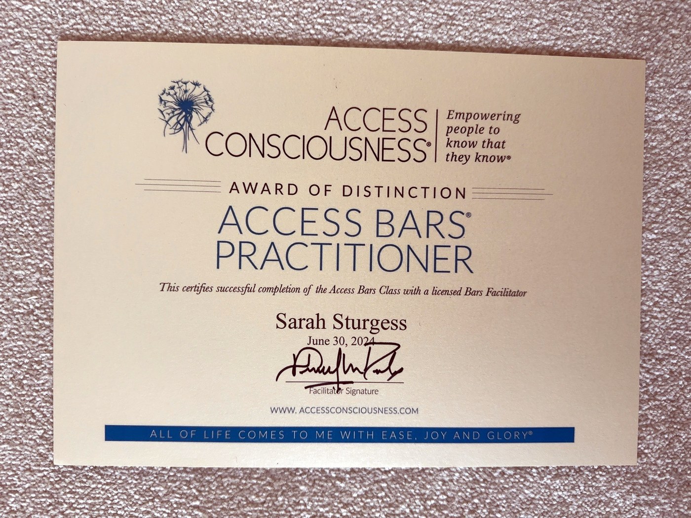 Access Bars® Practitioner certificate